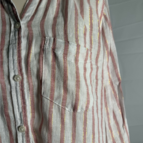 Fleur Bleue Linen Gold and Pink Button Down Shirt with Classic Stripes - Picture 3 of 8
